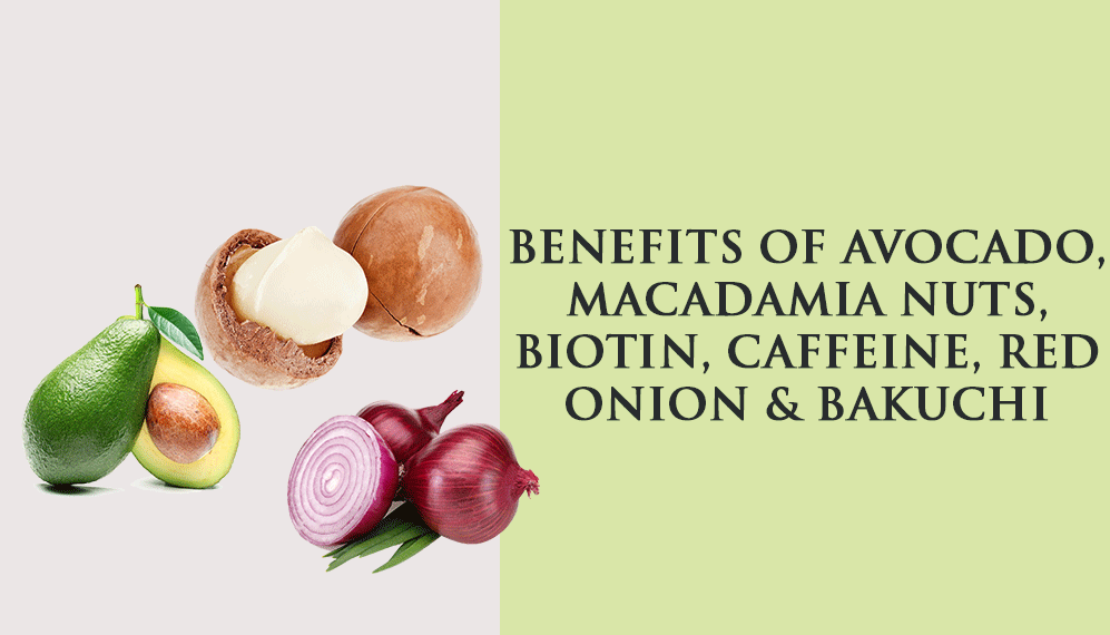 Benefits of Avocado, Macadamia nuts, Biotin, Caffeine, Red Onion & Bakuchi for hair?